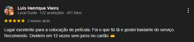 Depoimento 5 estrelas de cliente satisfeito no Google